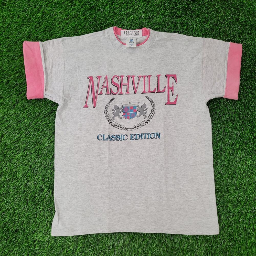 Vintage 90s Nashville Shirt Womens Large 21x26 Gray Laurel-Wreath